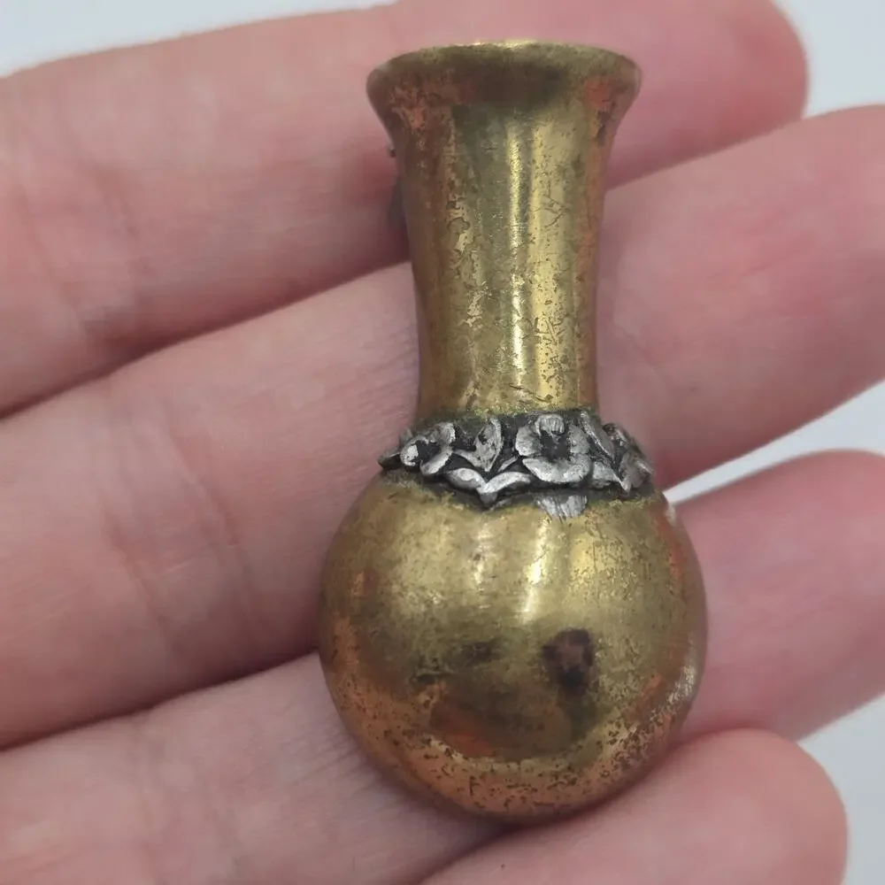 Vintage Art Deco Brass Tussie Mussie Posy Flower Holder Vase Brooch Pin READ